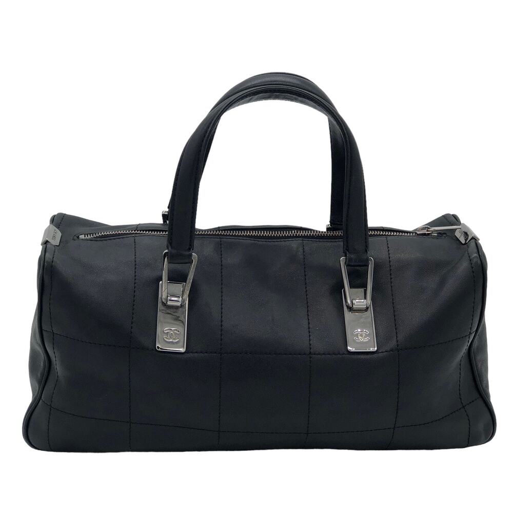 Authentic CHANEL Square Stitch CC Boston Bag Quilted Leather - Black - Large